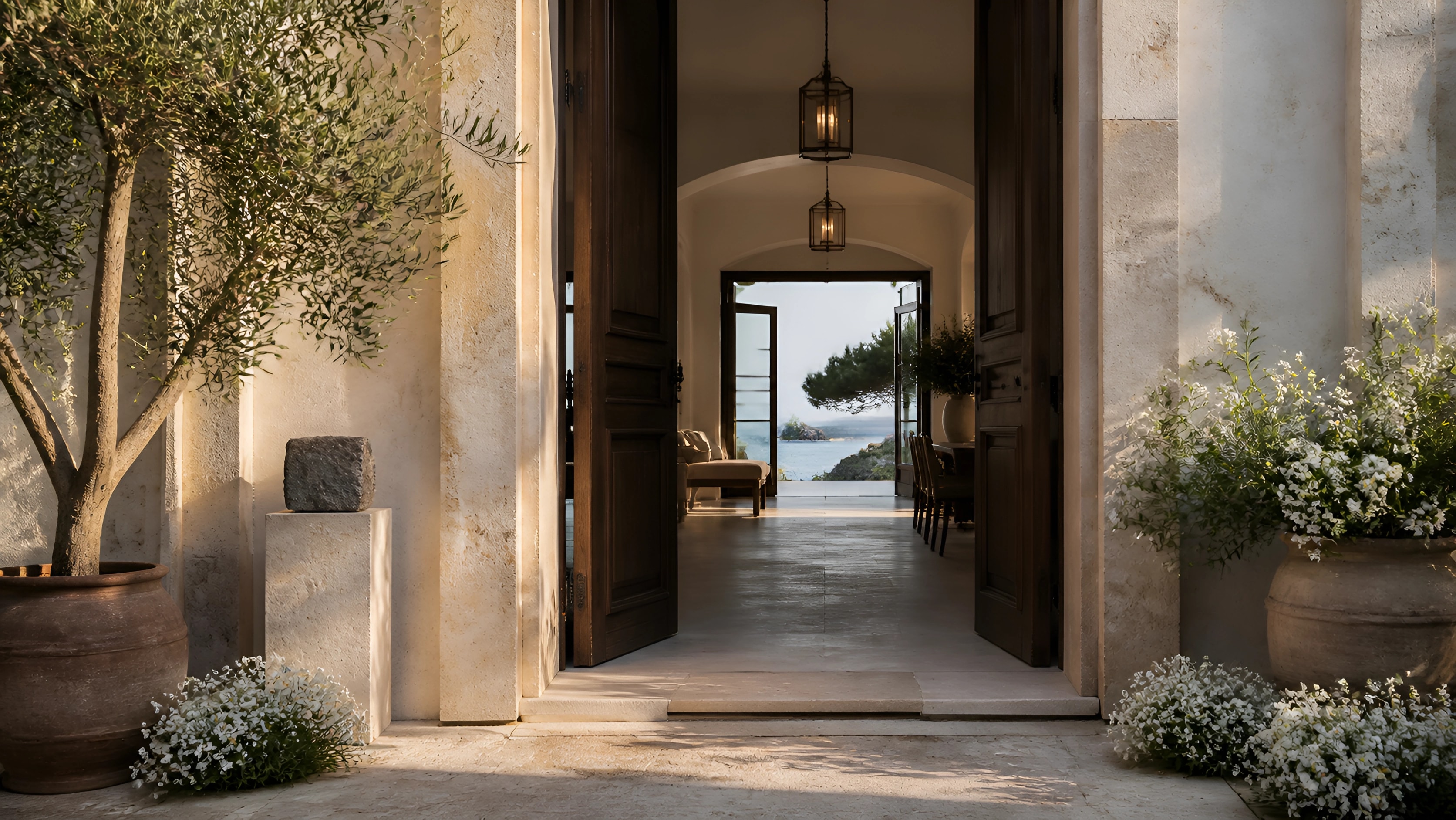 Open limestone entrance of a private Mediterranean estate overlooking calm blue water