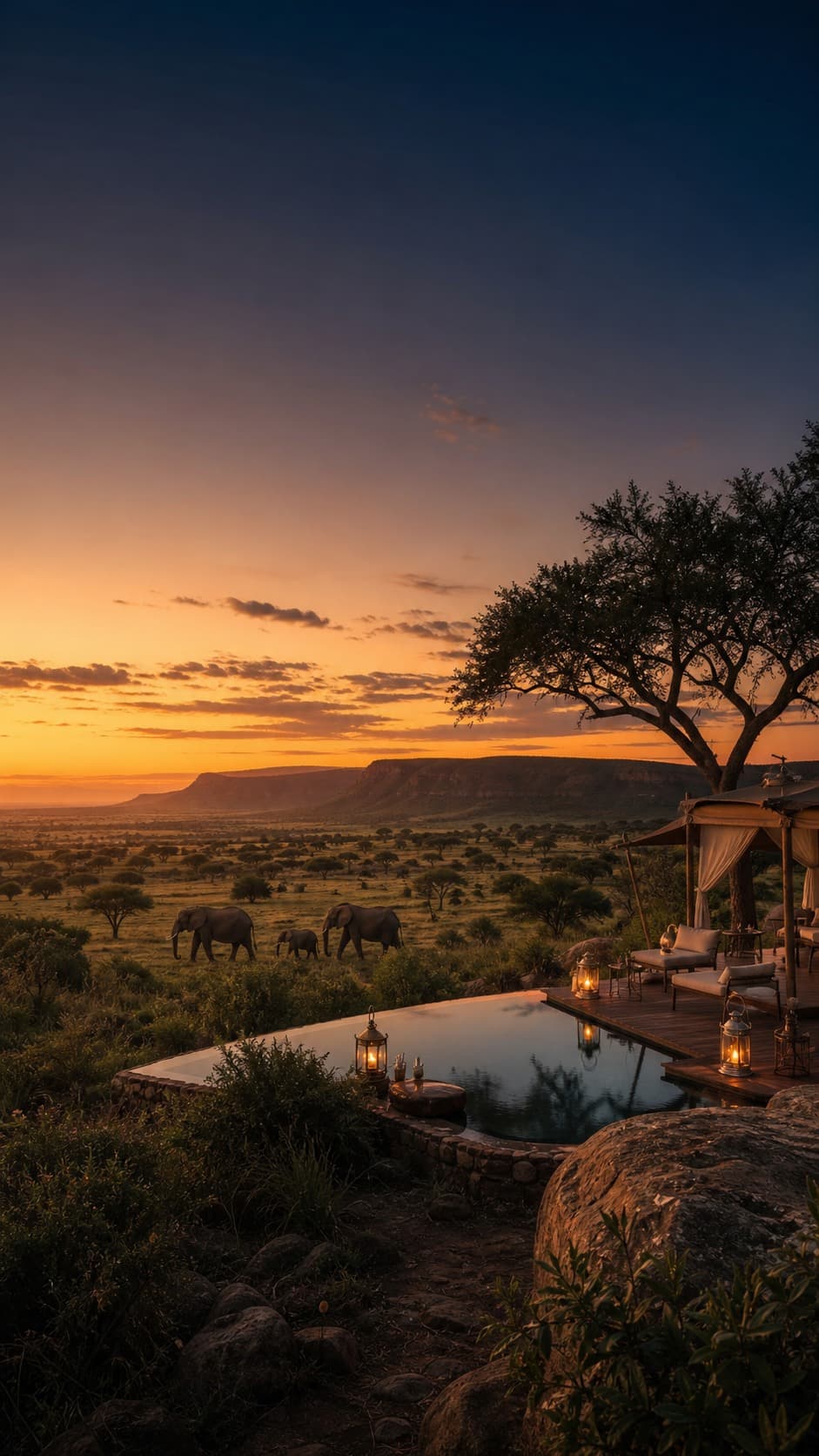 Elephants crossing below a private safari camp at sunset