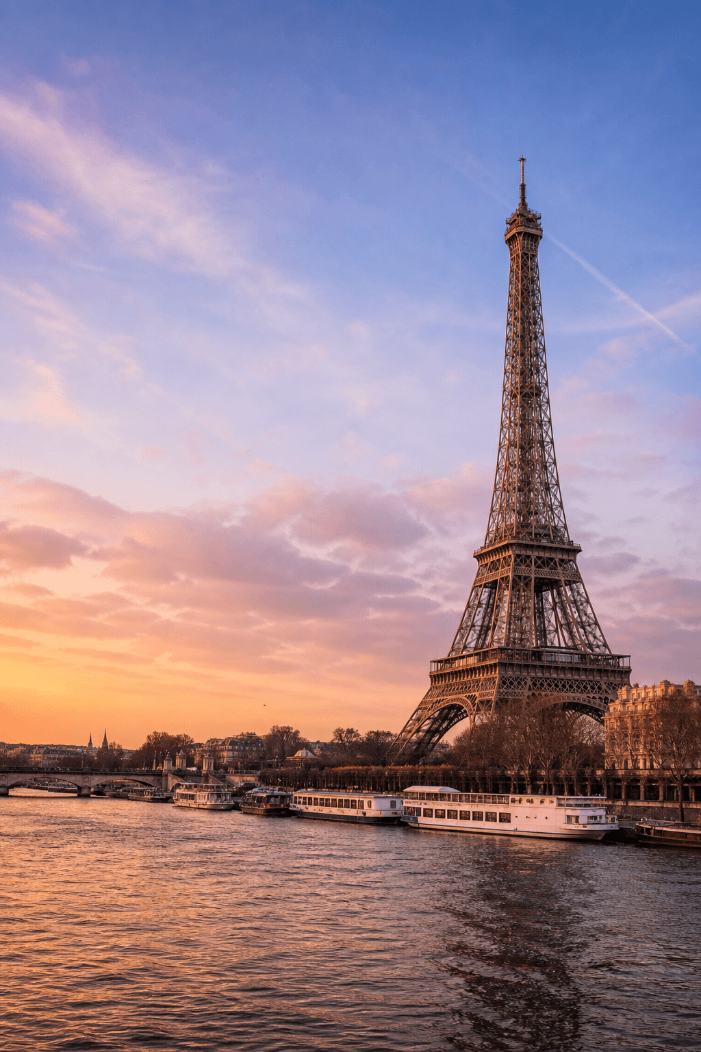 The Eiffel Tower above the Seine at sunset