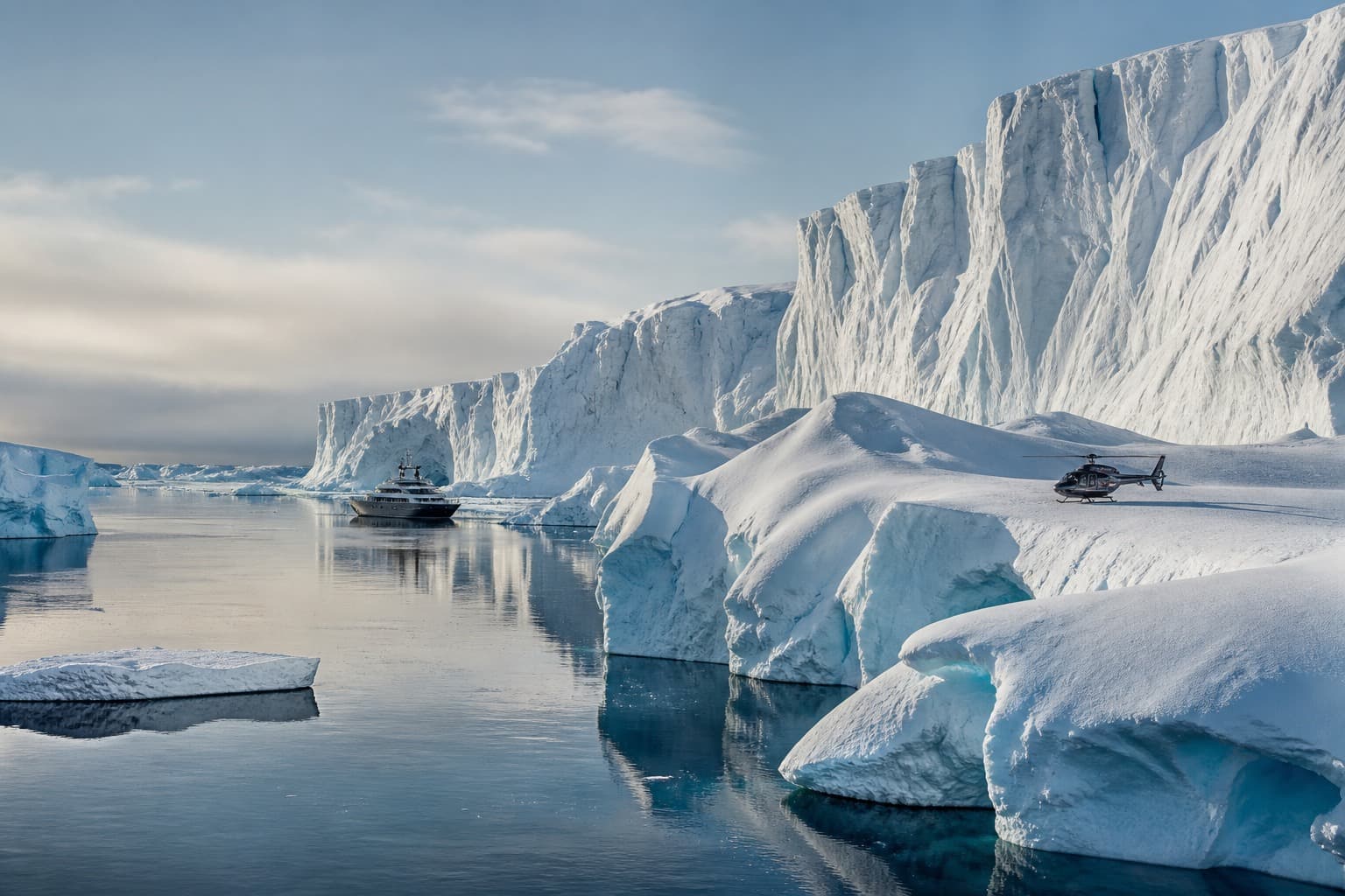 Private expedition yacht and helicopter among monumental Antarctic ice