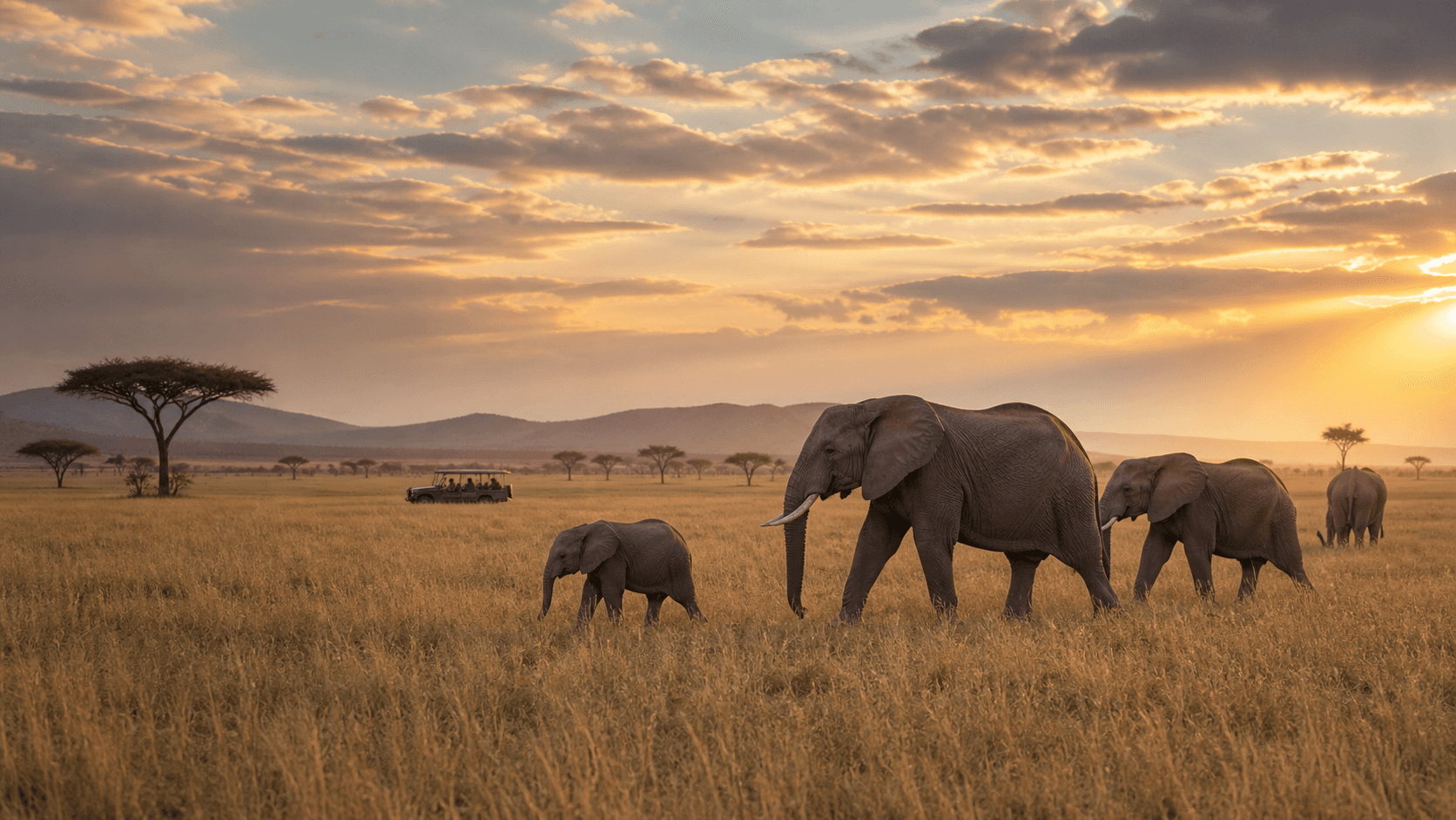 Elephants moving across open East African grassland