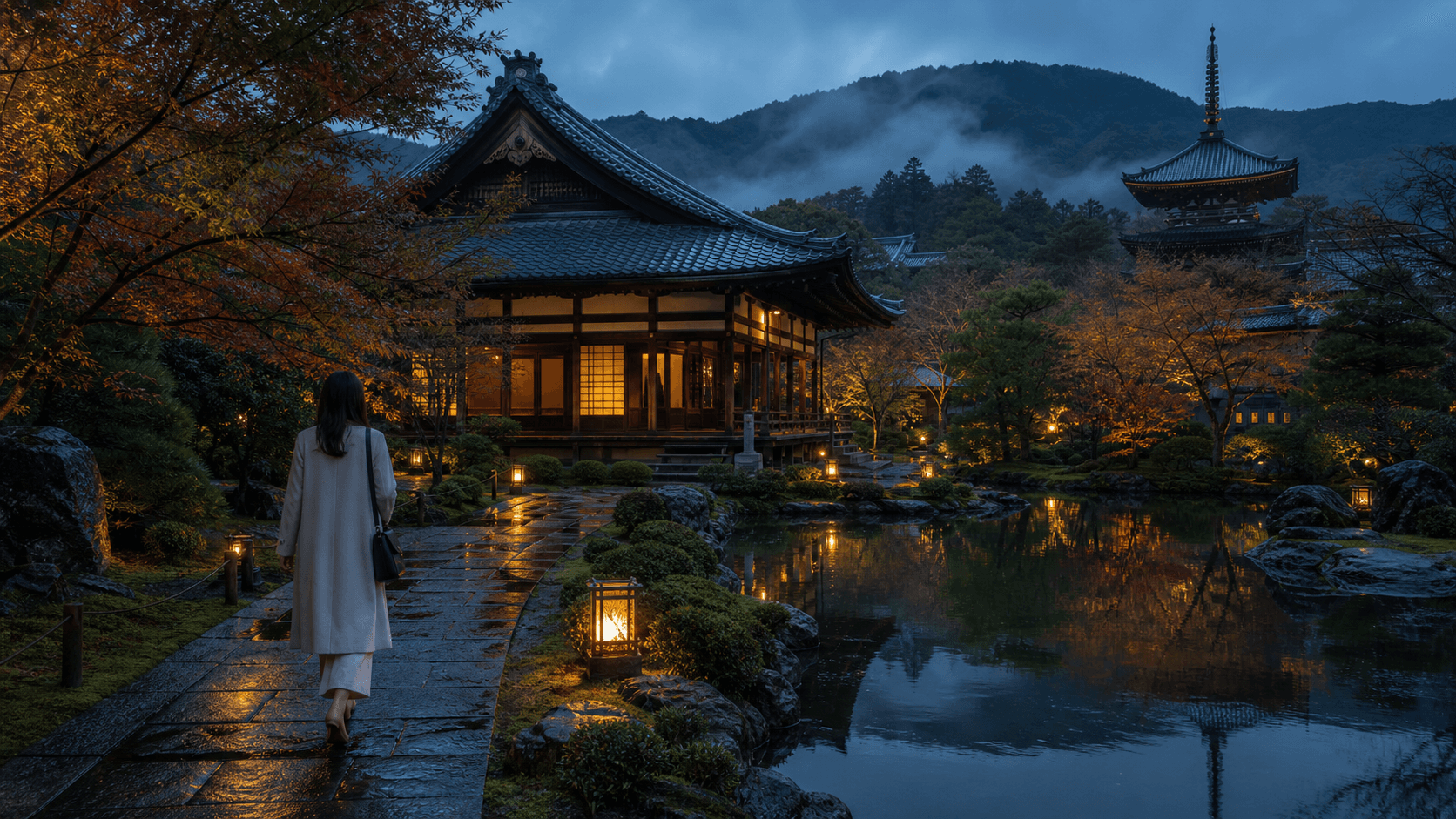 Japanese pagoda rising above trees and distant mountains