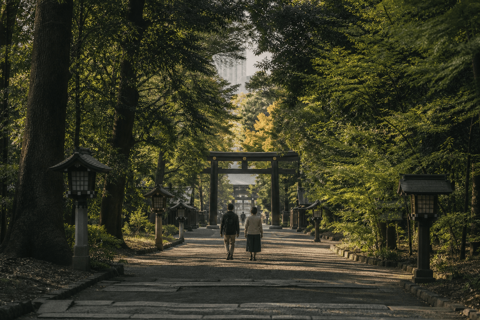 Traditional Japanese architecture framed by garden foliage