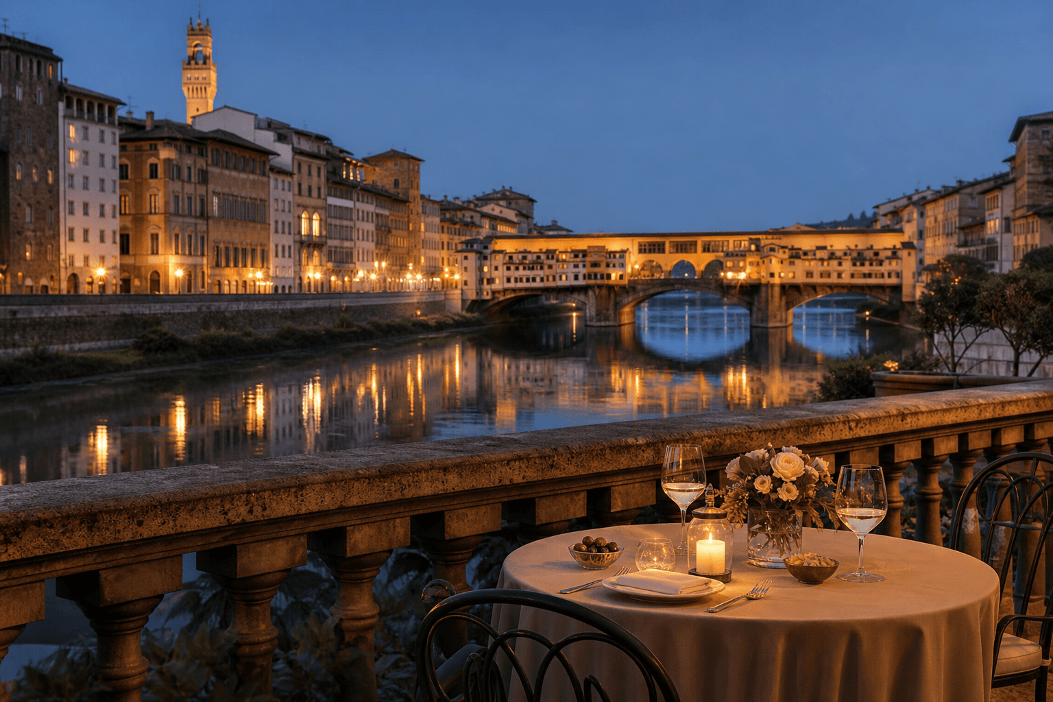 Florence skyline and the Arno River at dusk
