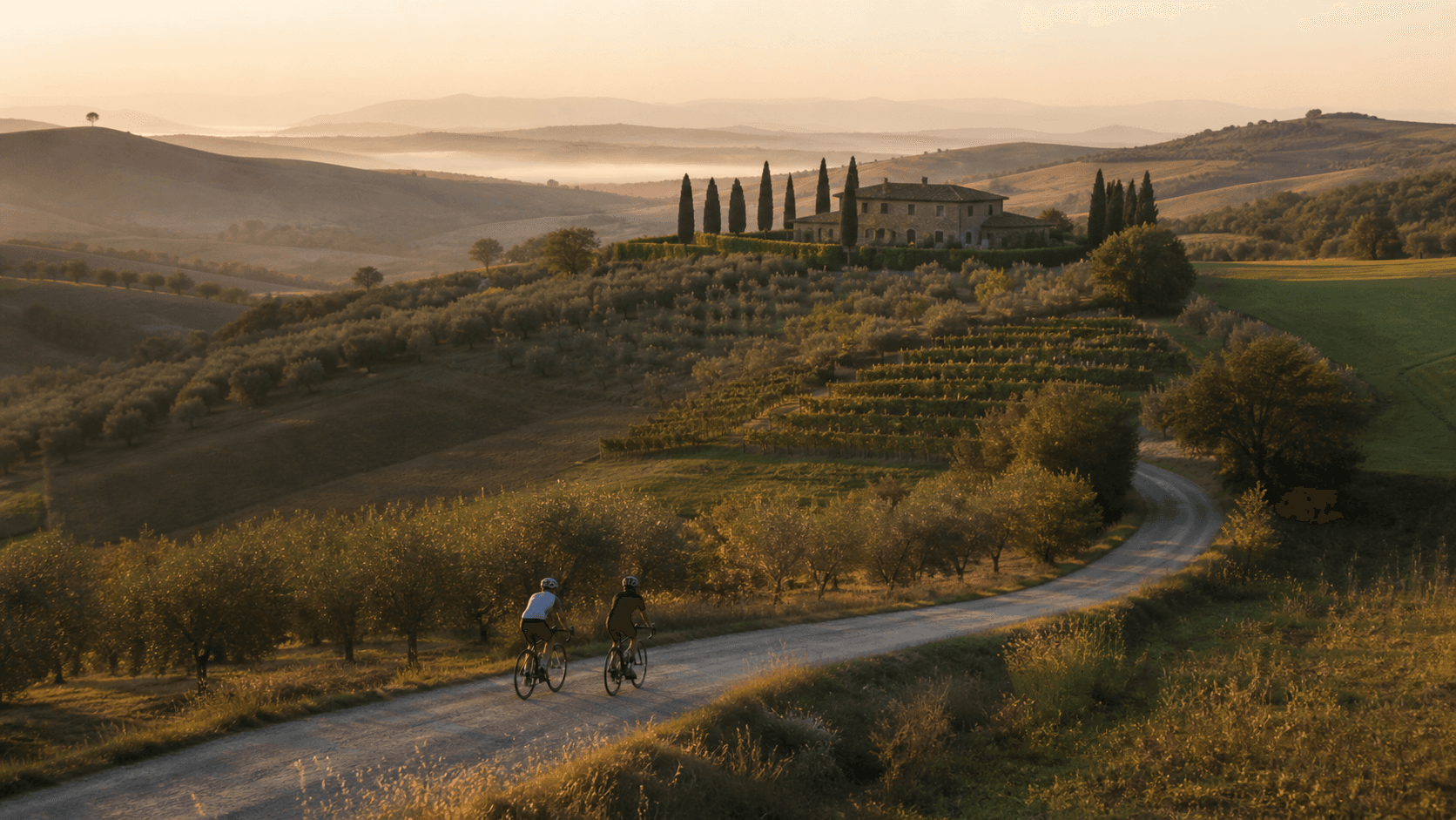 Sunlit Tuscan hills, cypress trees, and a country estate