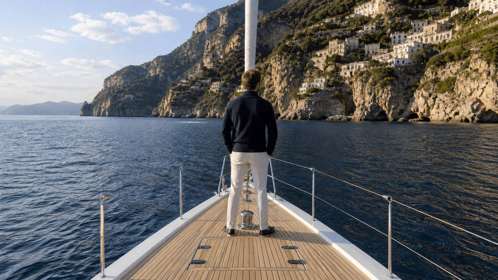 Traveler standing at the bow of a private sailing yacht approaching a dramatic Mediterranean coastline