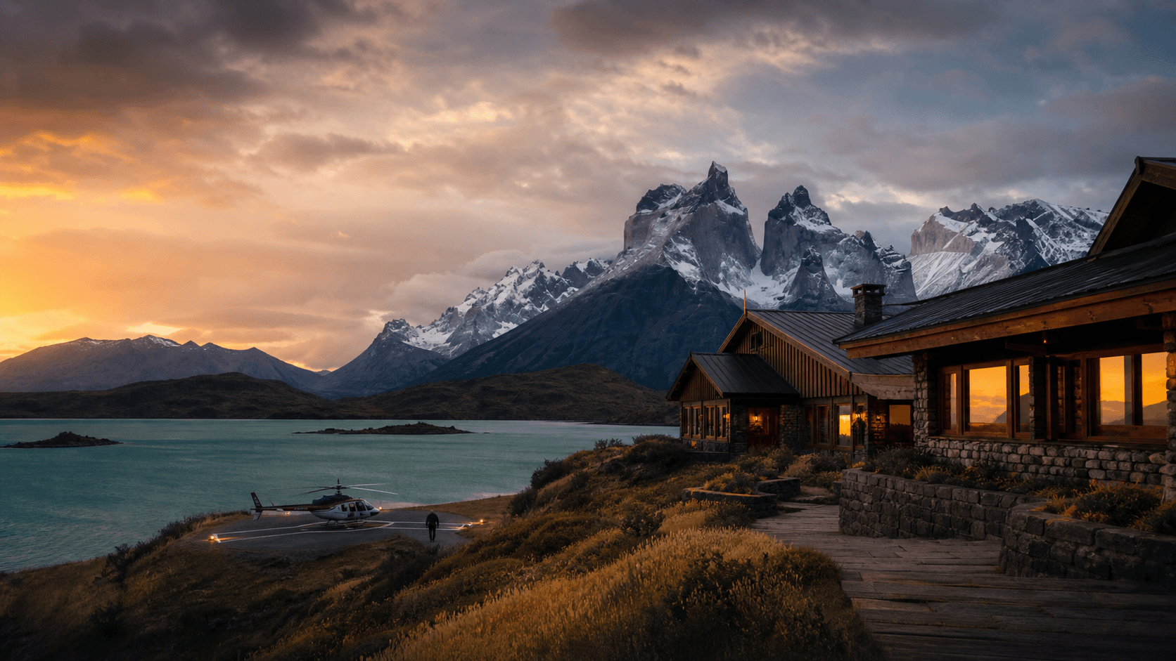 Private Patagonian lodge and distant helicopter beneath mountain peaks at sunset