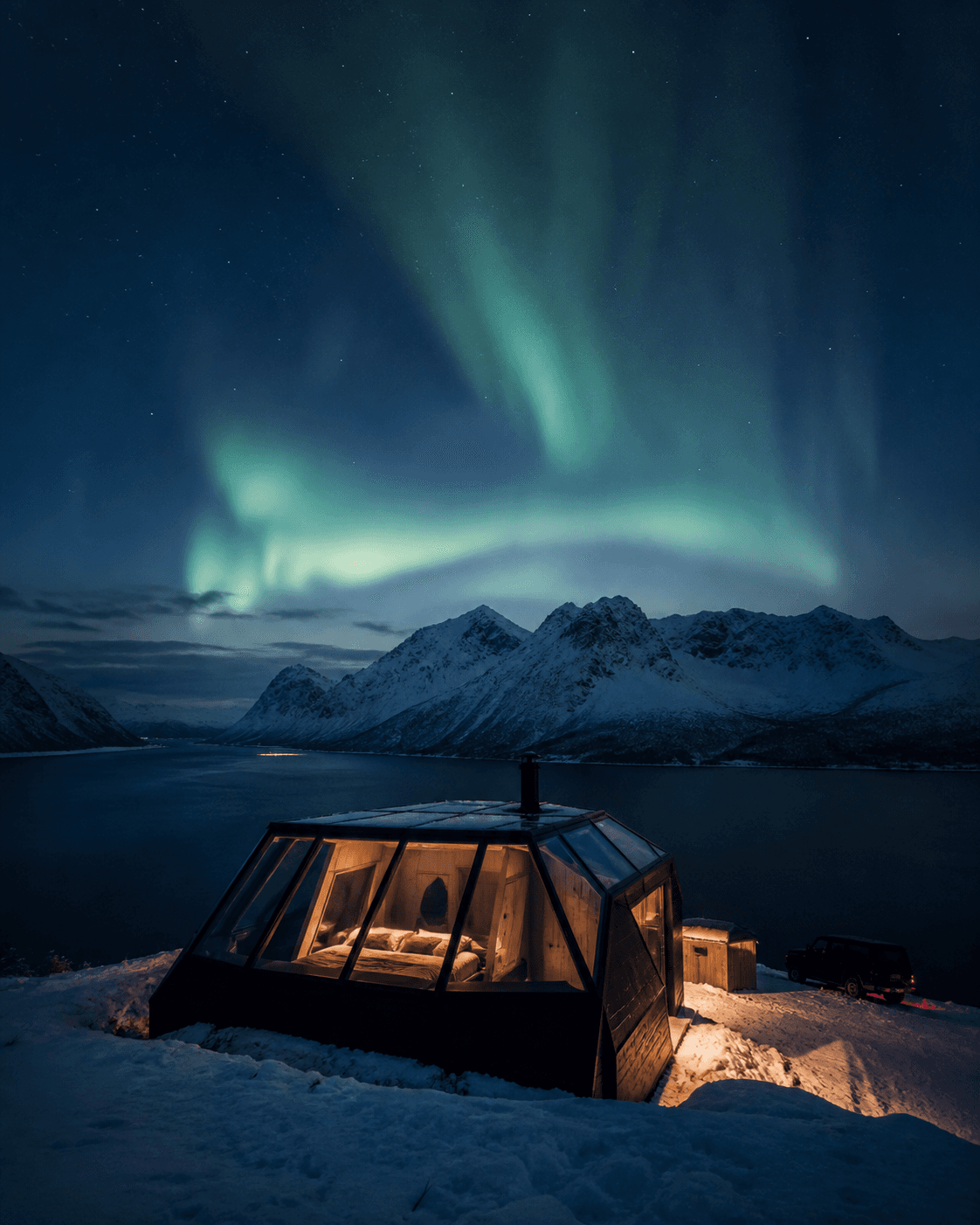 Private glass-roof cabin beneath the northern lights above Lyngenfjord, Norway