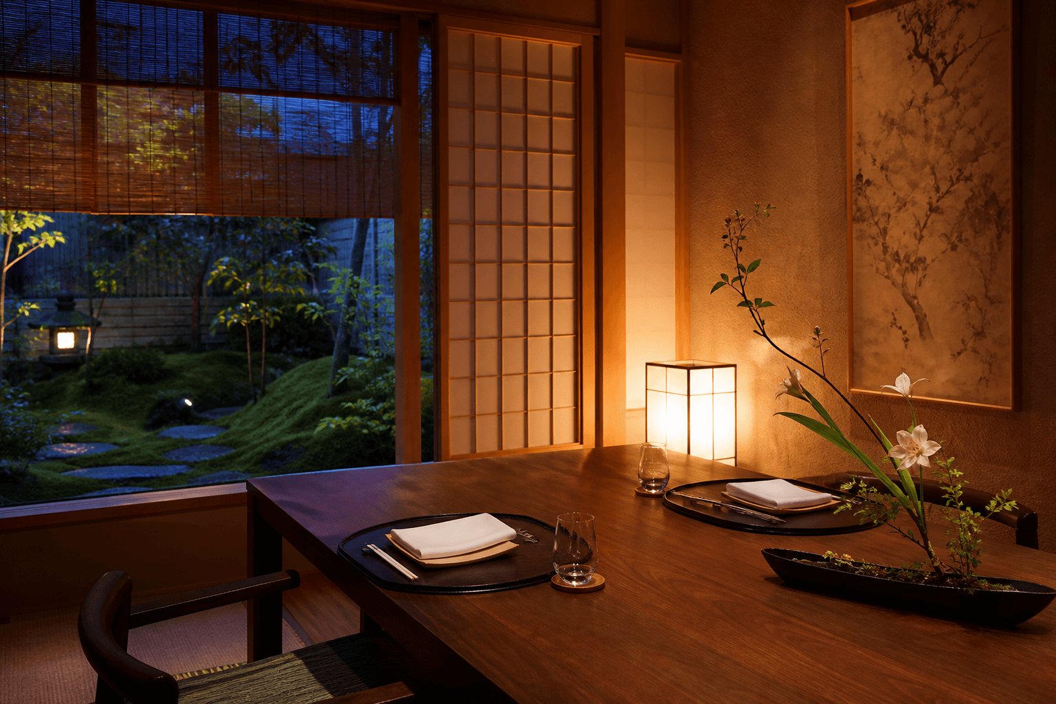 Private Kyoto dining salon and garden at blue hour, matching the fictitious Kyoto journey