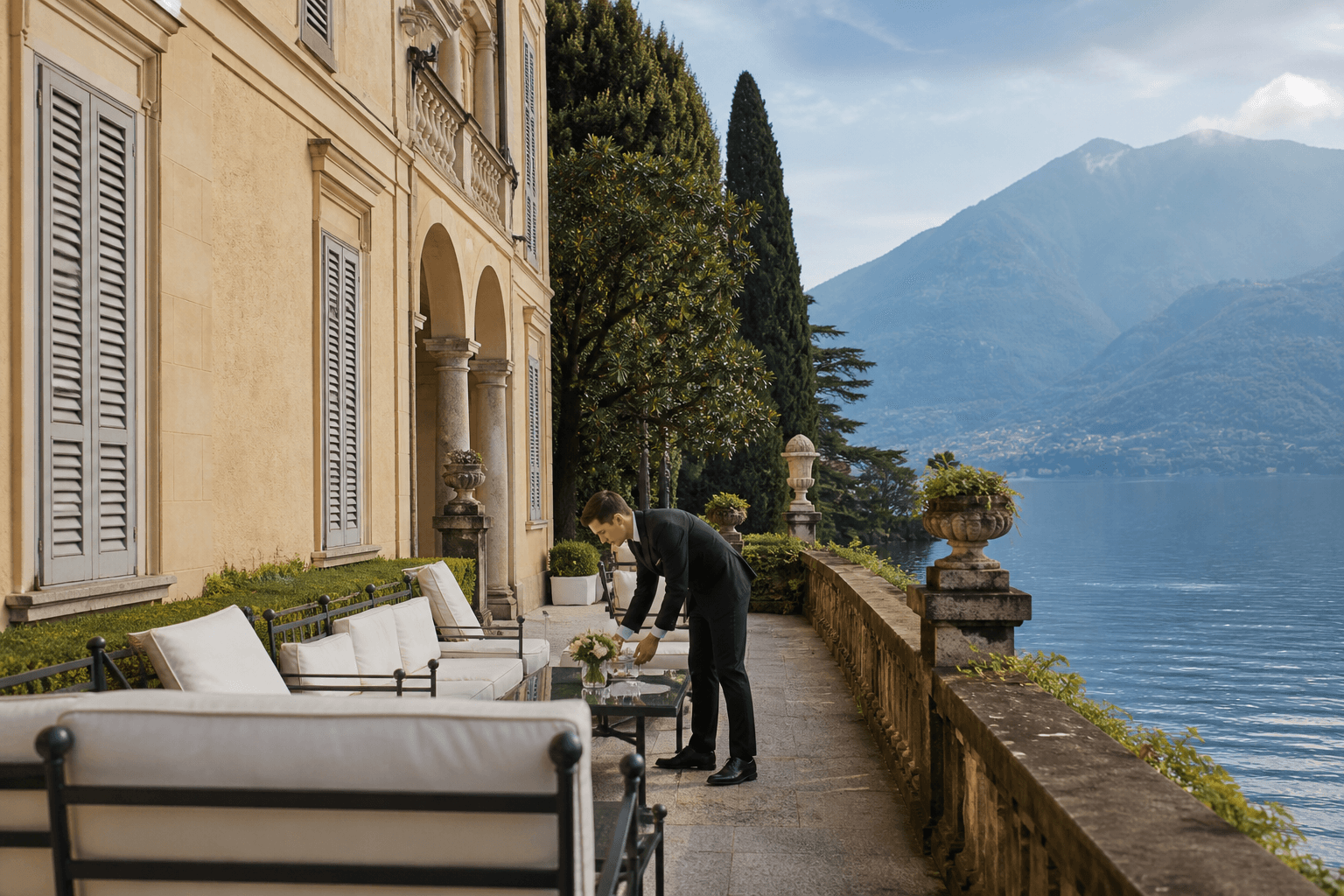 Private Lake Como villa terrace being prepared before a guest arrival